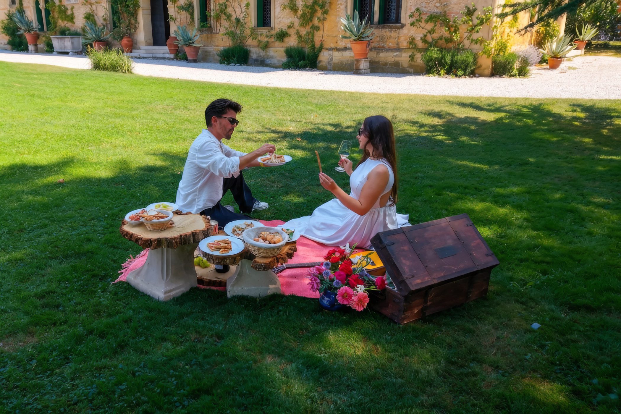 A couple on a blanket in the abbey gardens, the ochre façade behind them